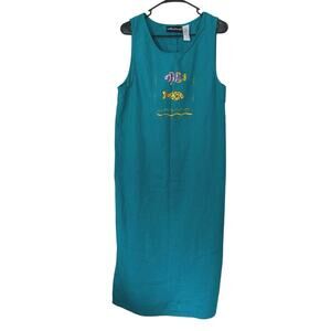 Sag Harbor VTG 90s Sleeveless Linen Blend Midi Dress Size 14 Teal Fish Graphic
